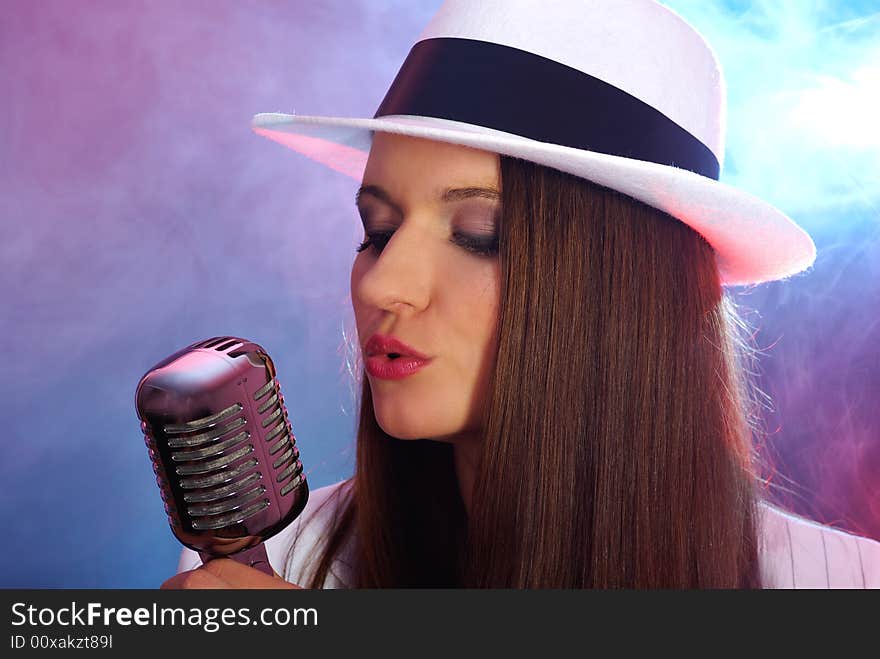 Retro portrait in white hat.