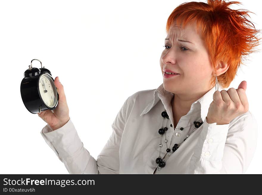 Business woman with clock. Time is over! Deadline concept