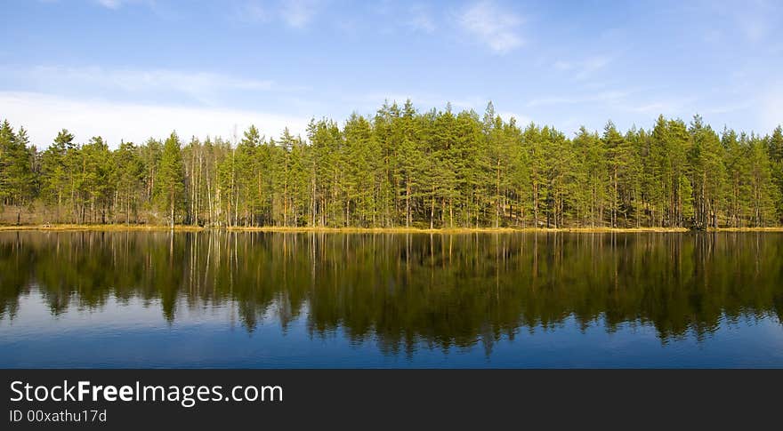 White  clouds, blue sky and green forest on far bank of the lake.