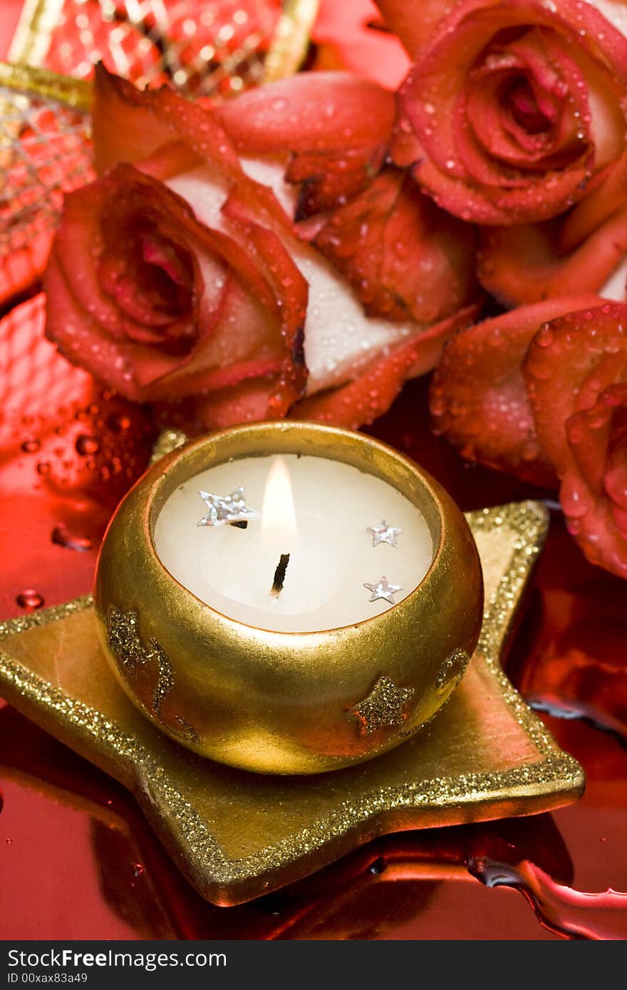 Golden Candle With Red Roses