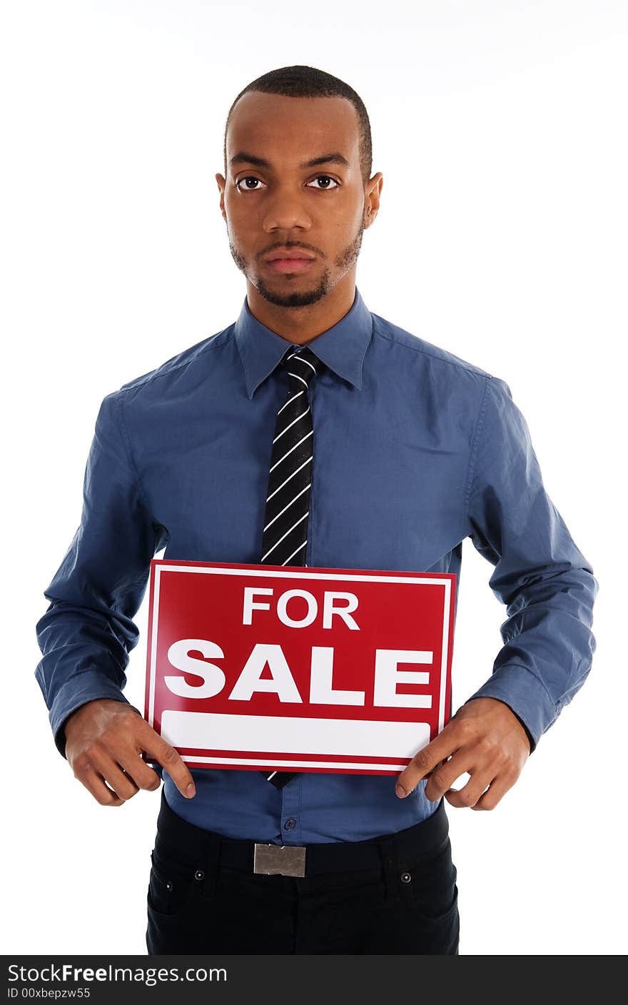 Business man holding a red sign on white. Business man holding a red sign on white