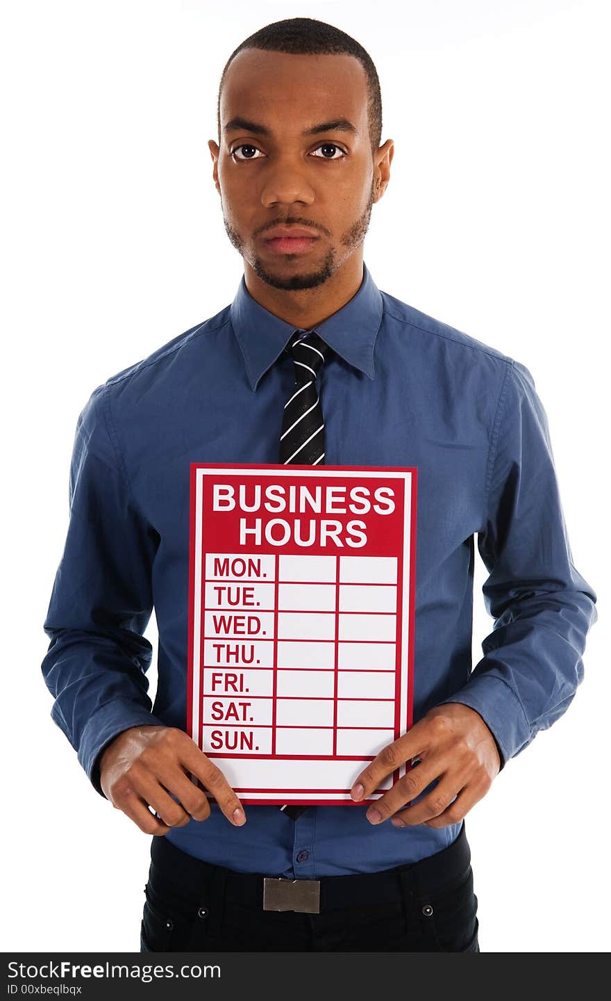 Business man holding a red sign on white. Business man holding a red sign on white