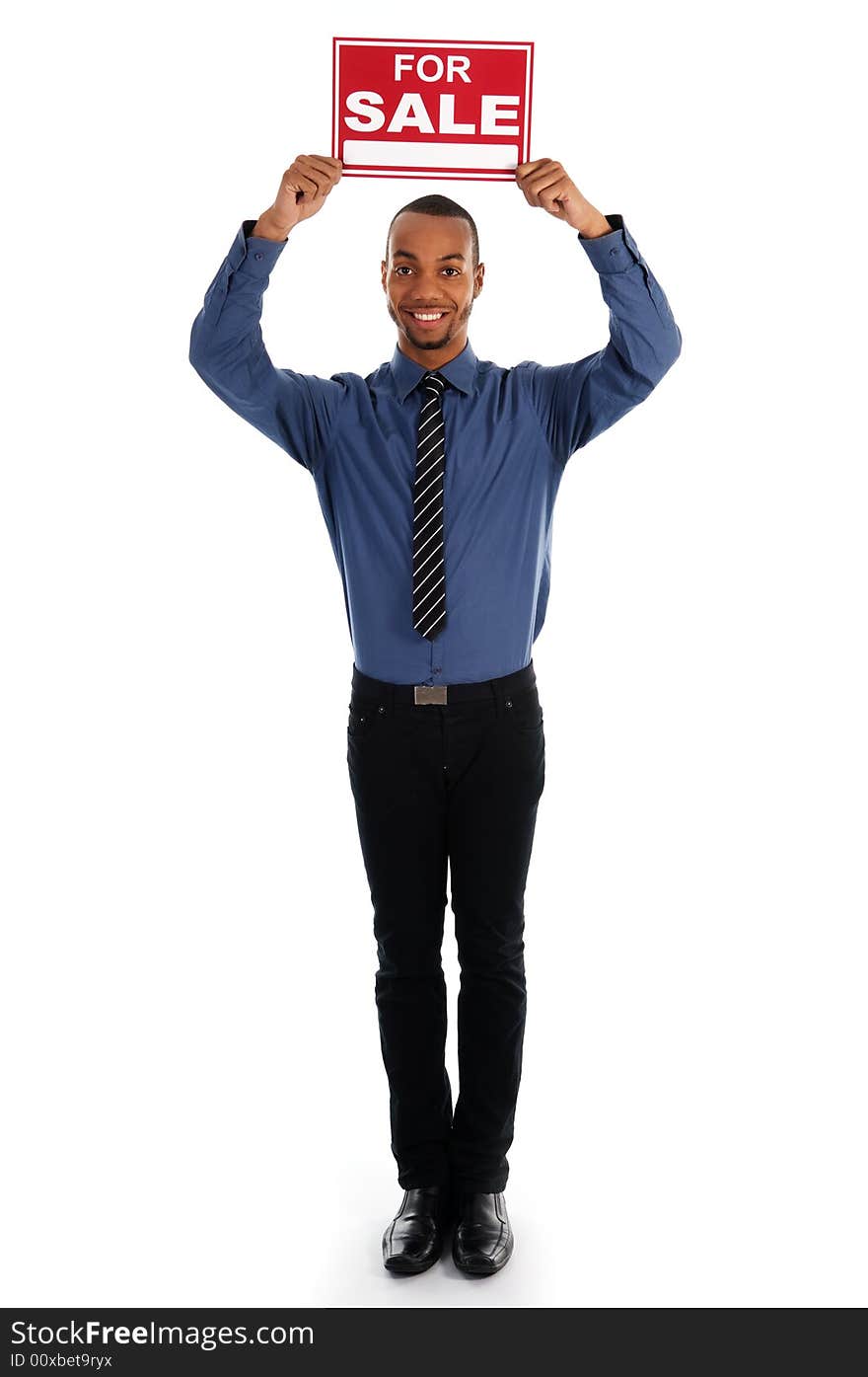 Business man holding a red sign on white. Business man holding a red sign on white