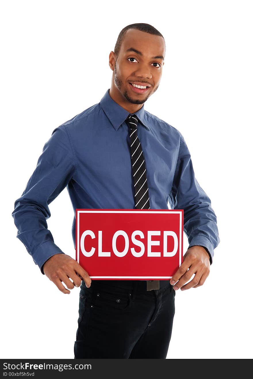 Business man holding a red sign on white. Business man holding a red sign on white