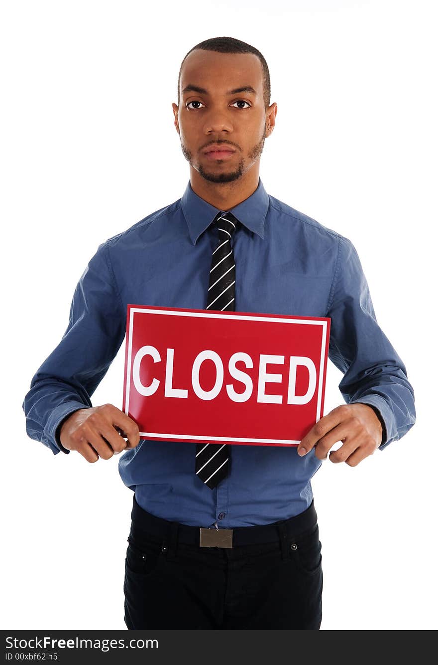 Business man holding a red sign on white. Business man holding a red sign on white