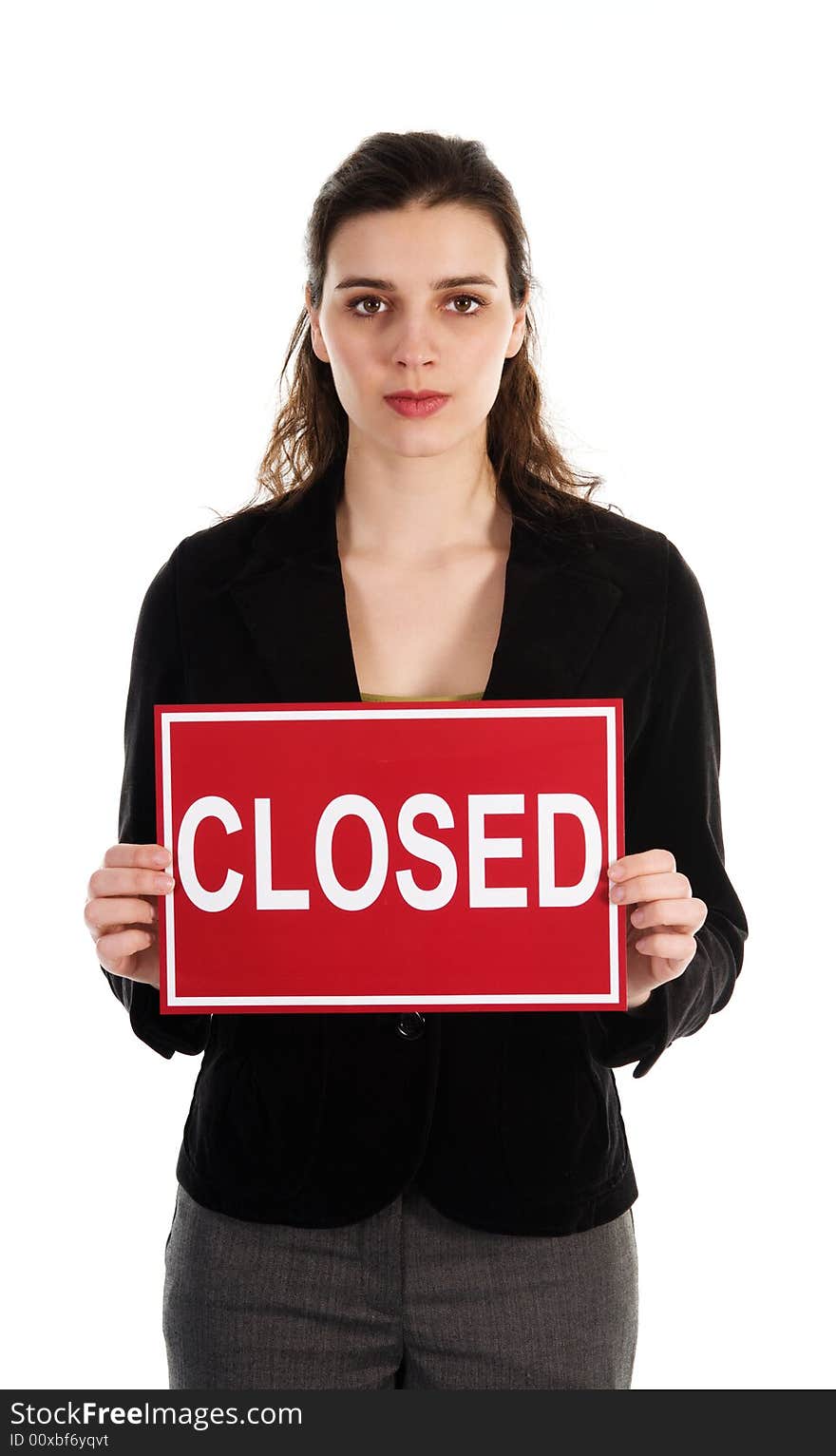 Business woman holding a red sign on white. Business woman holding a red sign on white