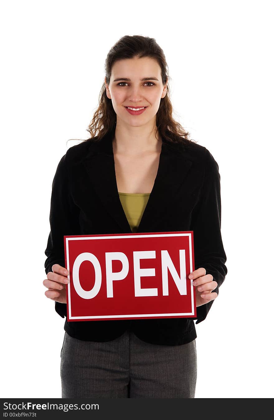 Business woman holding a red sign on white. Business woman holding a red sign on white