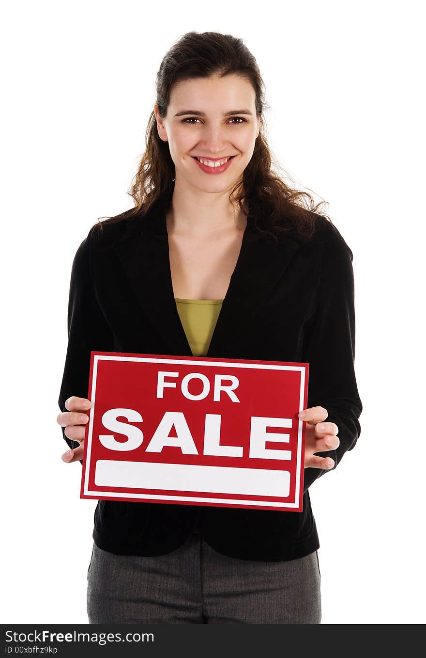 Business woman holding a red sign on white. Business woman holding a red sign on white