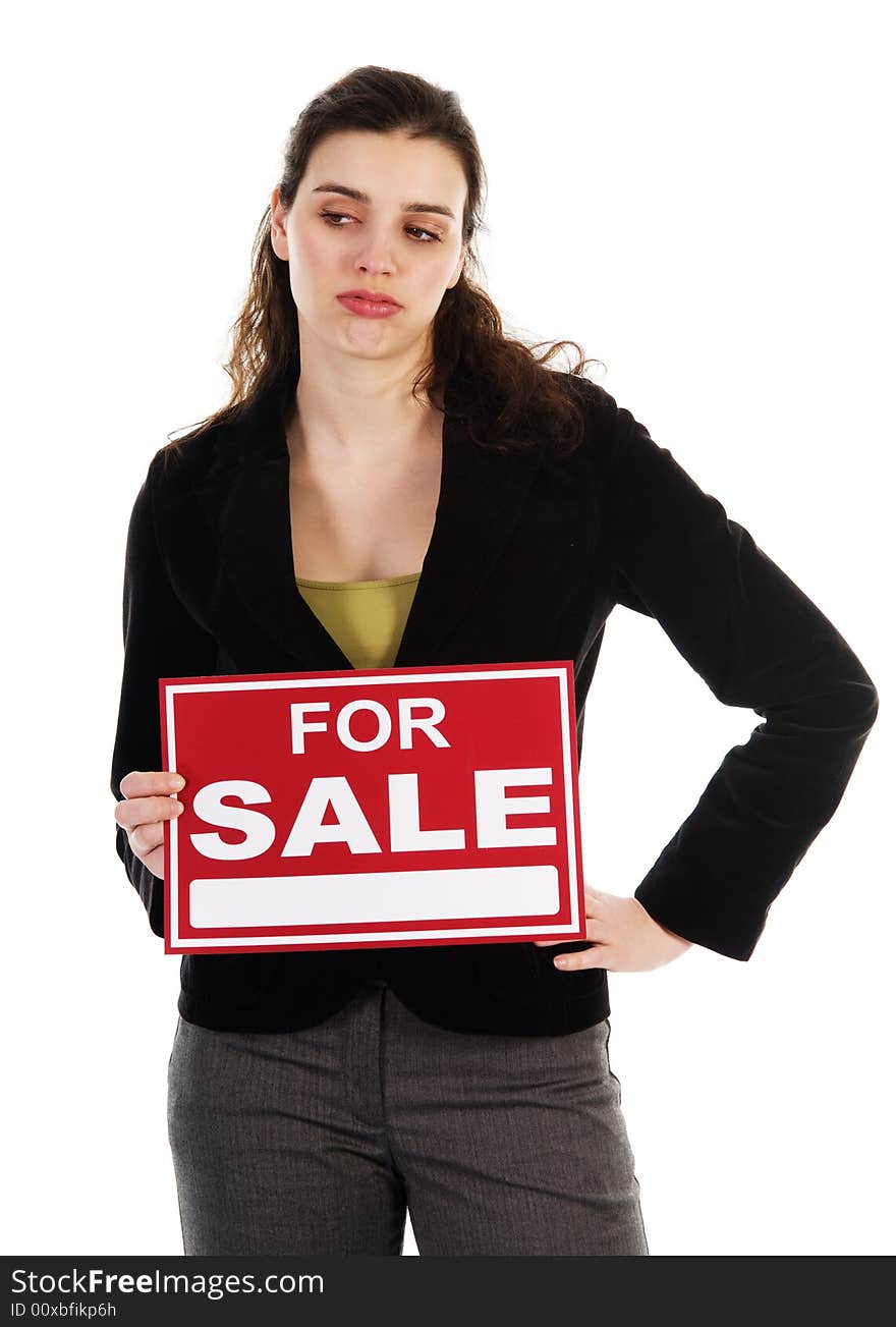 Business woman holding a red sign on white. Business woman holding a red sign on white