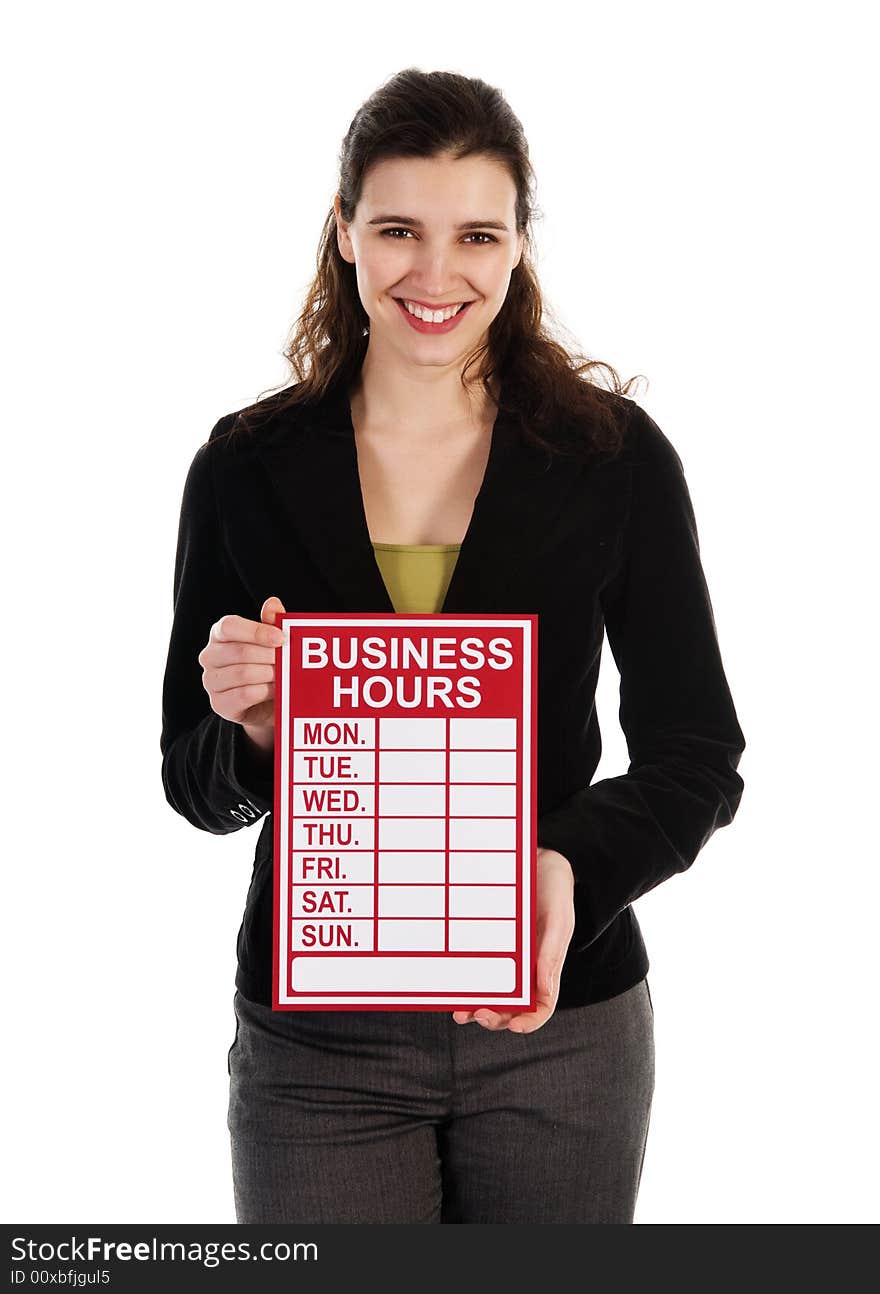 Business woman holding a red sign on white. Business woman holding a red sign on white