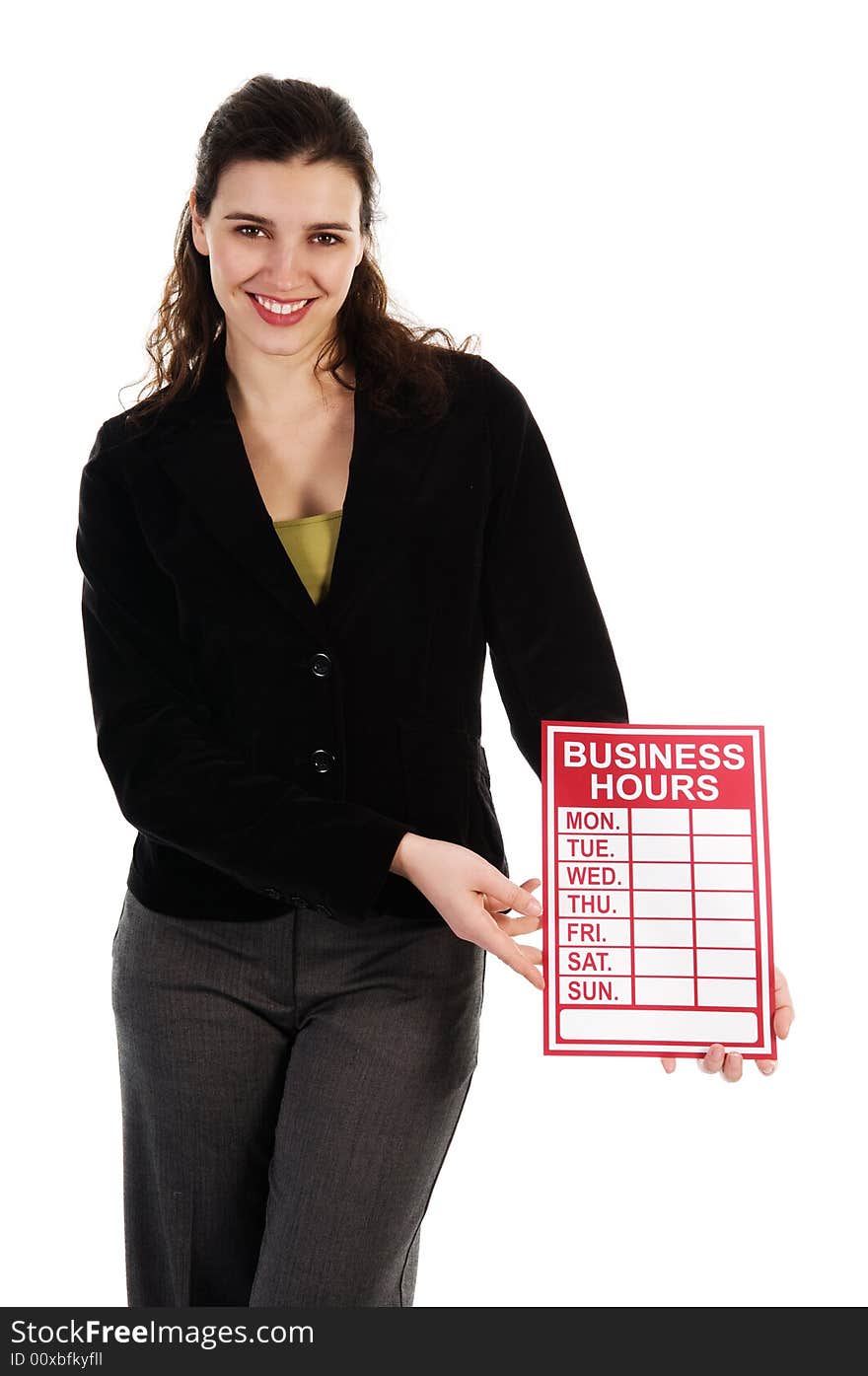 Business woman holding a red sign on white. Business woman holding a red sign on white