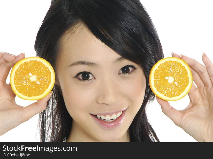 Pretty smiling woman with orange