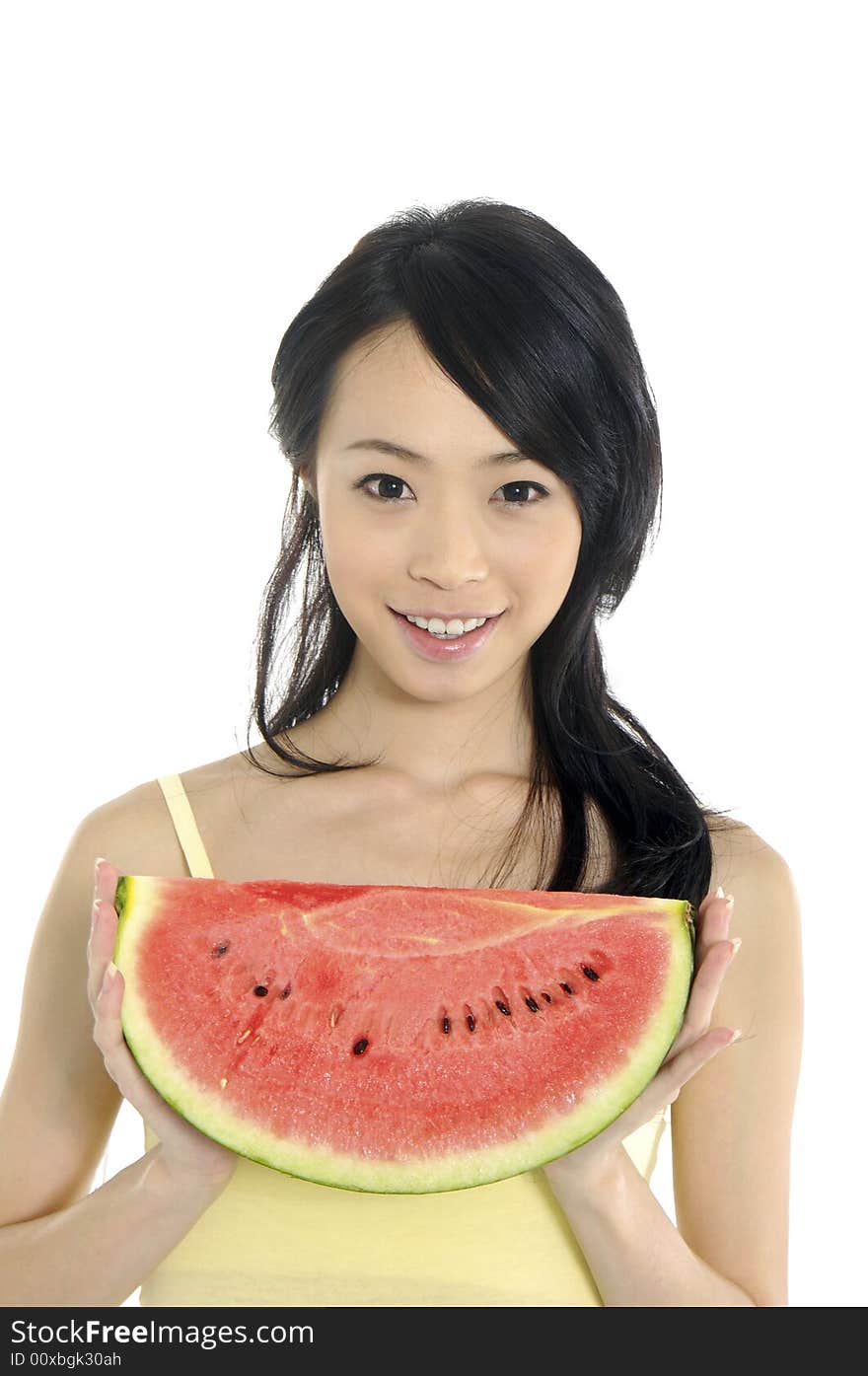 Pretty smiling woman with watermelon