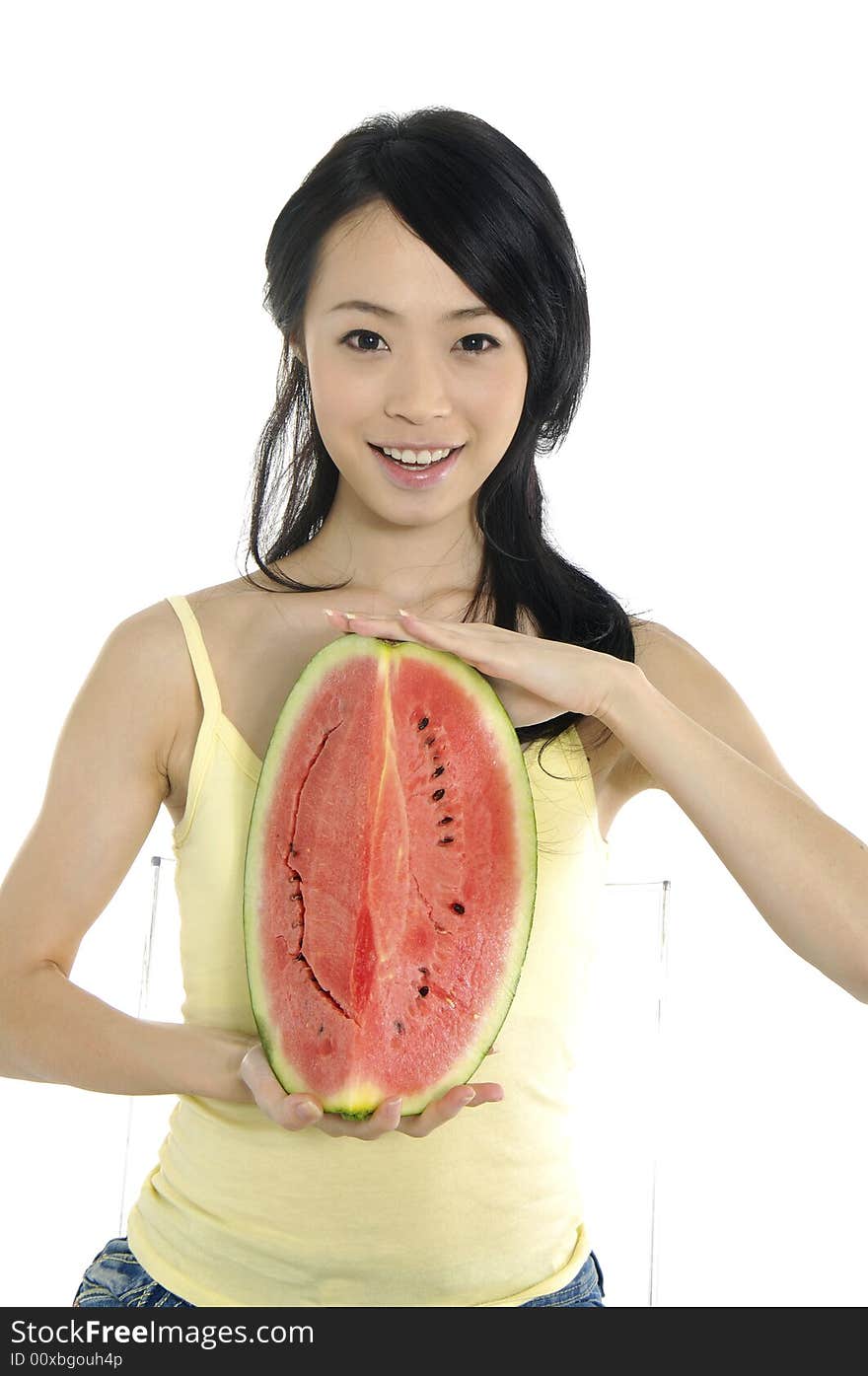 Pretty smiling woman with watermelon