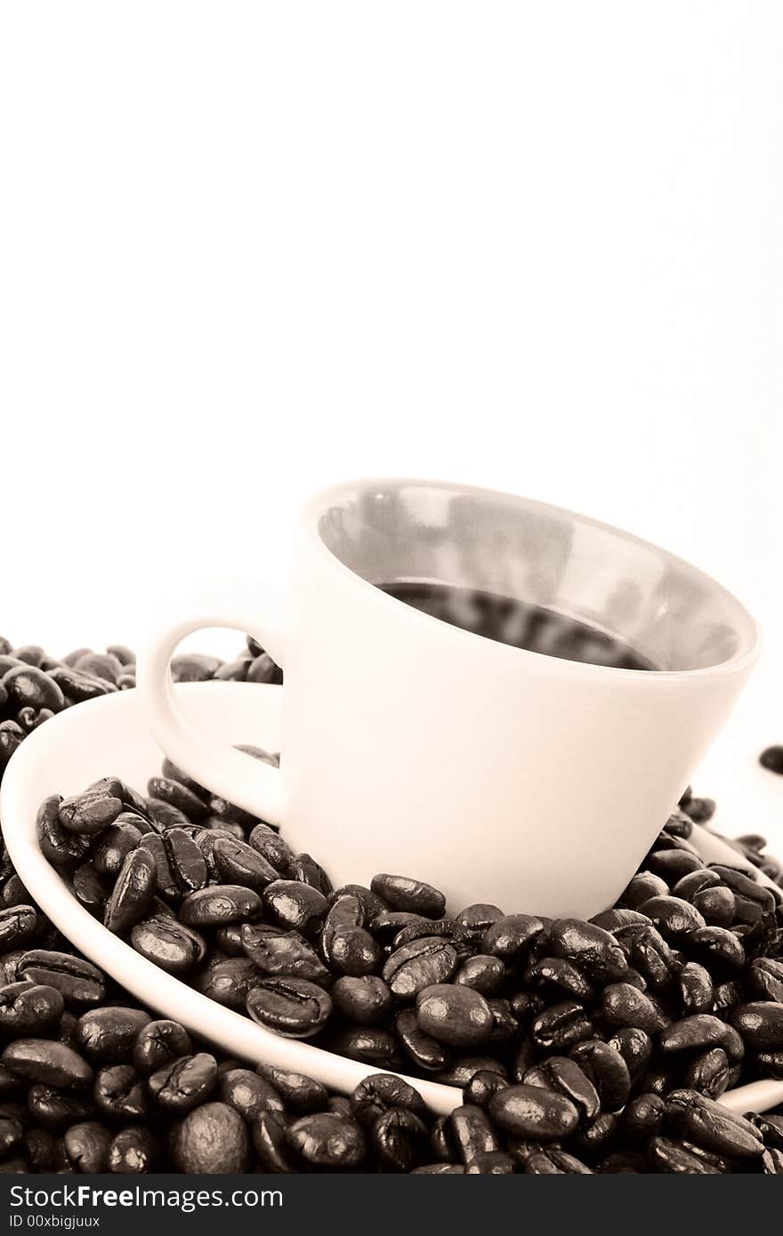 Cup of hot coffee on white background