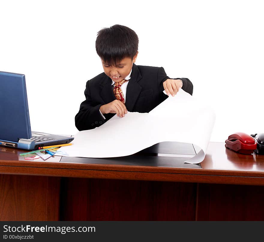 Unhappy young businessman tearing off the pattern