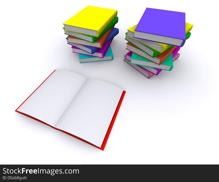 Open red book with two stacks of closed books. Open red book with two stacks of closed books