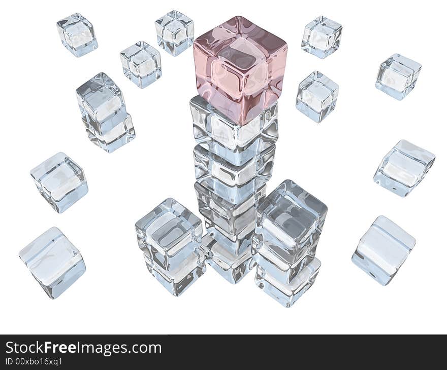 3D rendered ice cubes isolated on white, red cube on top. 3D rendered ice cubes isolated on white, red cube on top