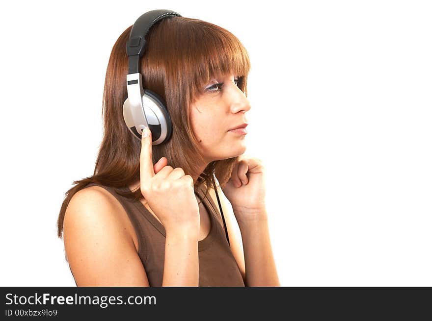 Girl in brown with headphones