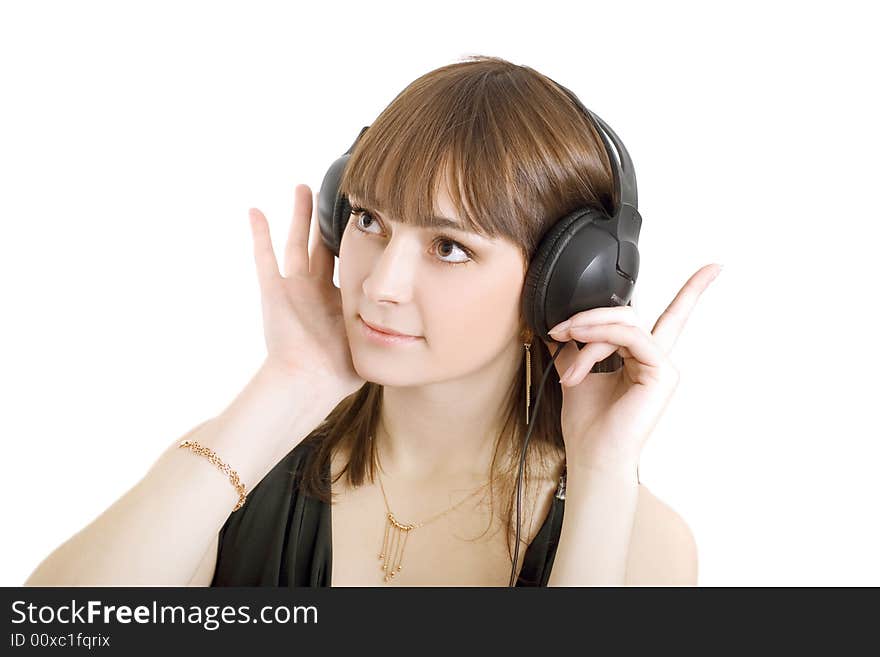 Portrait of a beautiful woman with earphones on white background. Portrait of a beautiful woman with earphones on white background