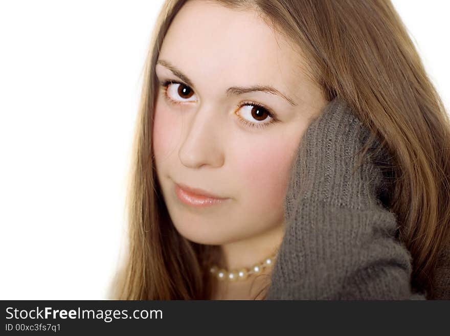 Portrait of cute brunette on white background. Portrait of cute brunette on white background