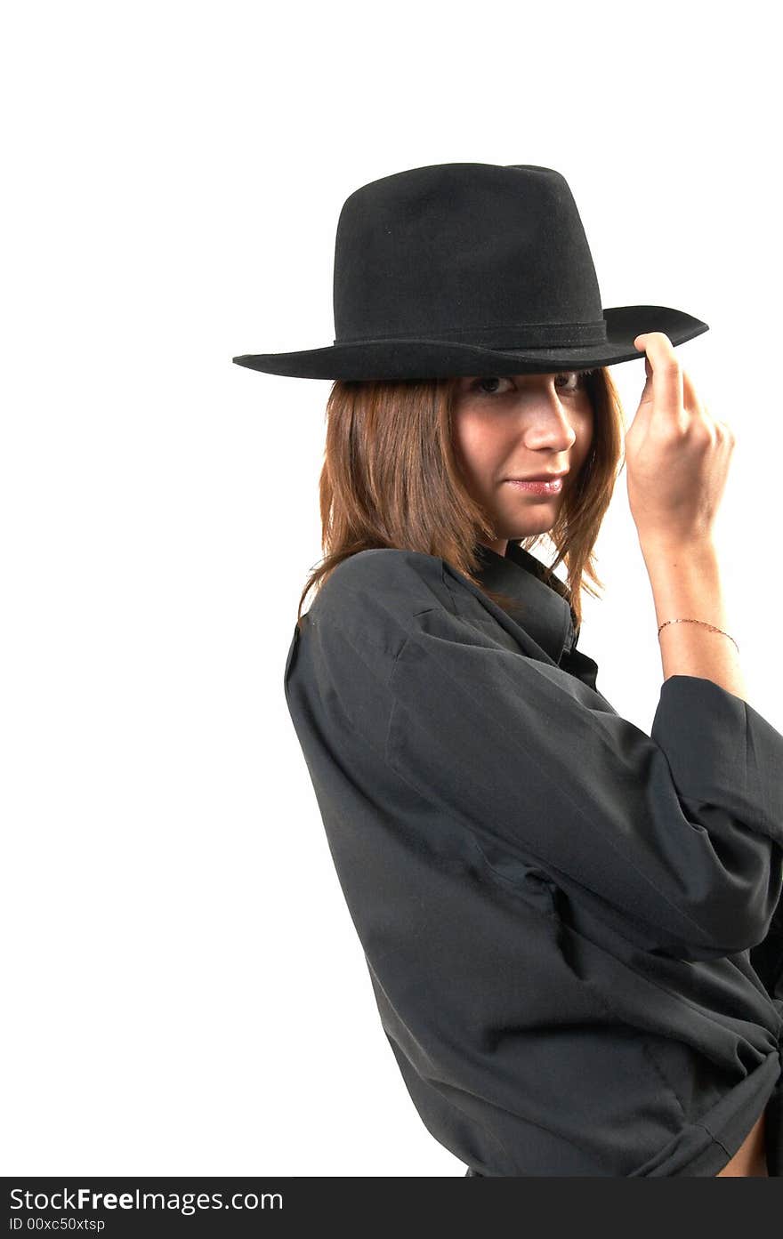 Girl In A Black Shirt And A Cowboy S Hat