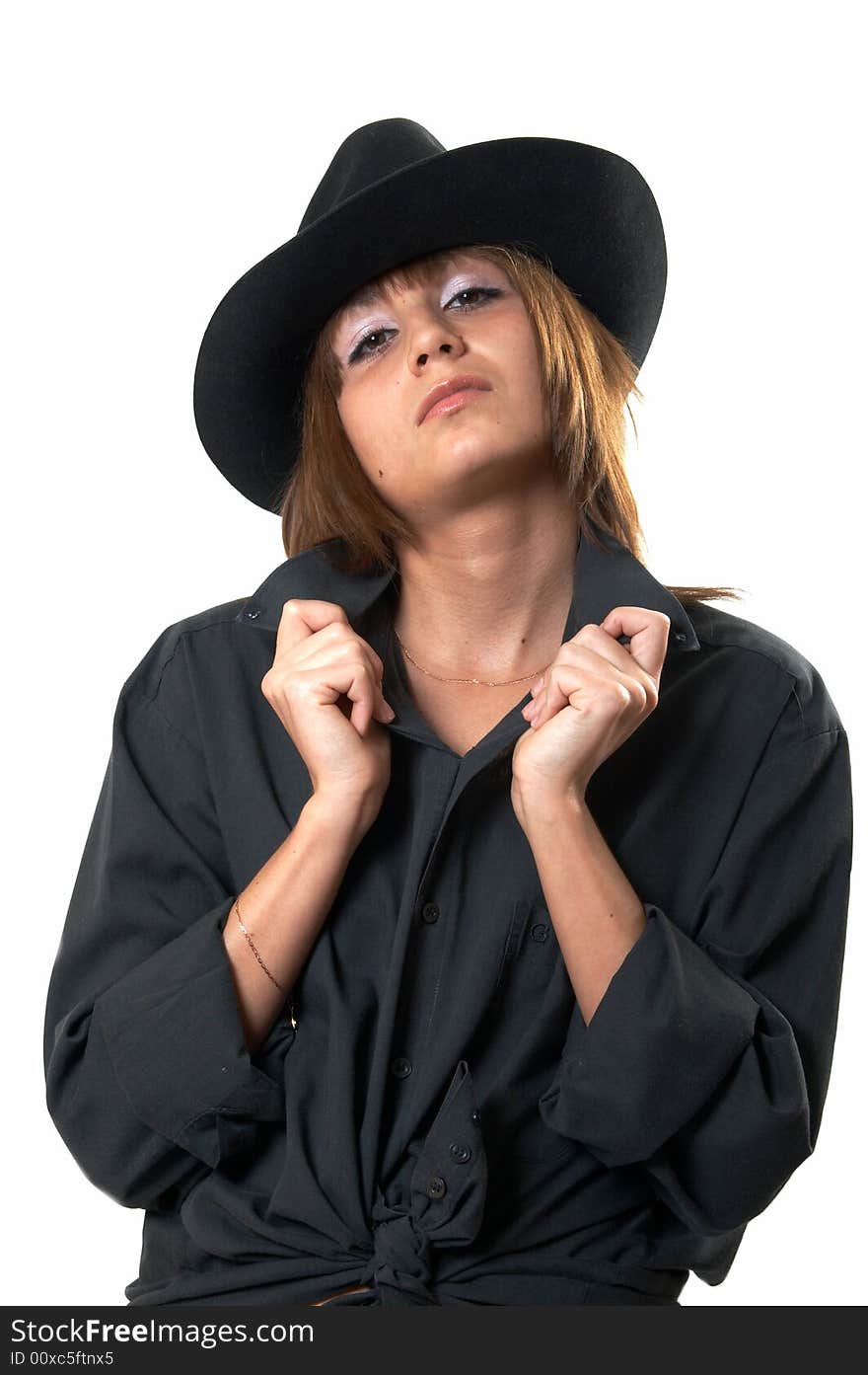 Girl In A Black Shirt And A Cowboy S Hat