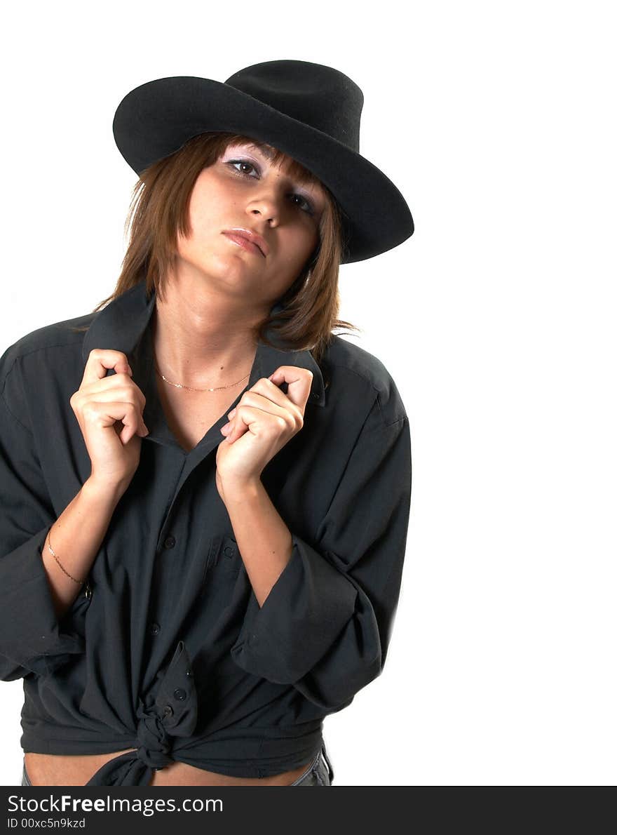 Girl In A Black Shirt And A Cowboy S Hat