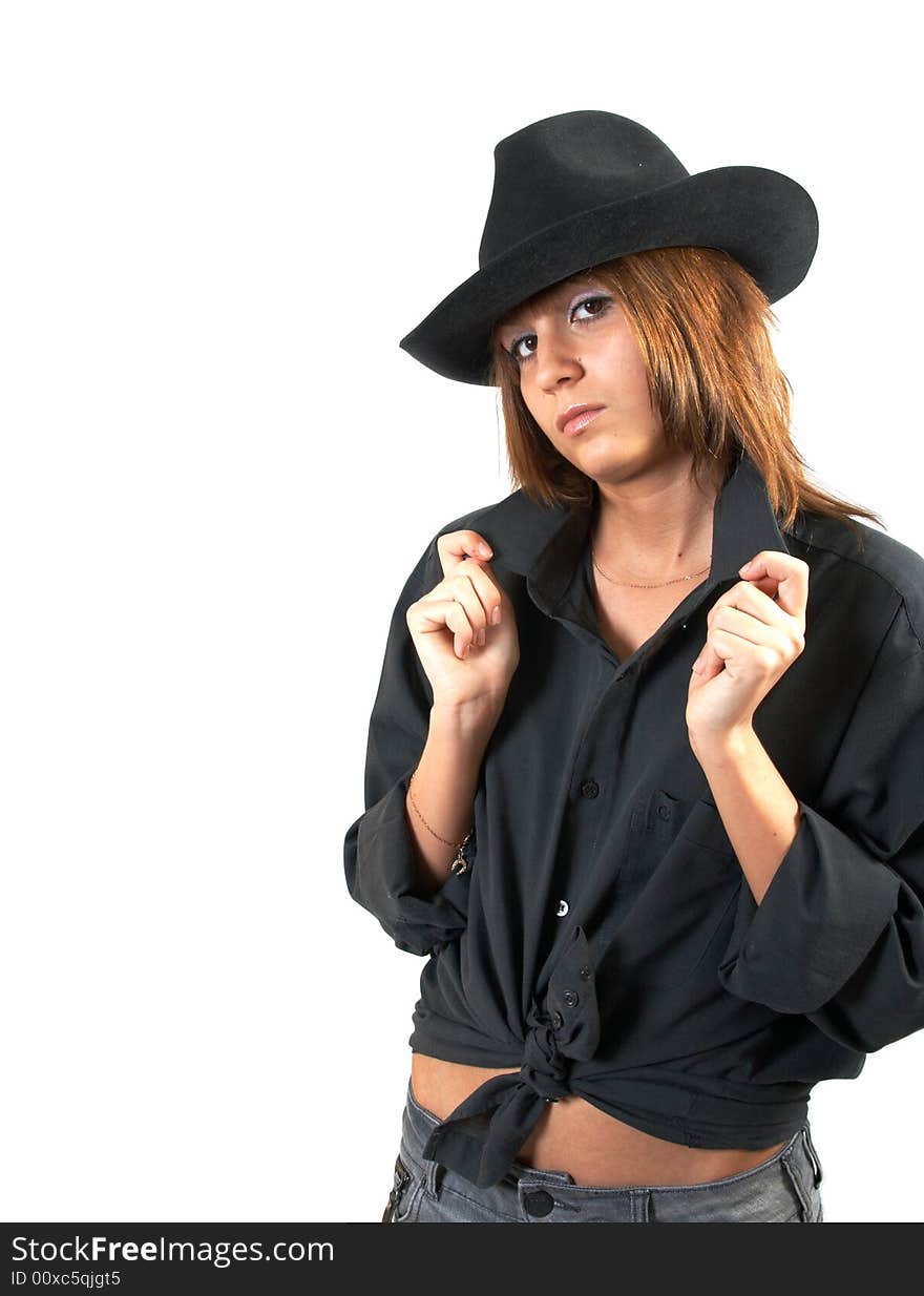 The girl in a black shirt and a cowboy's hat