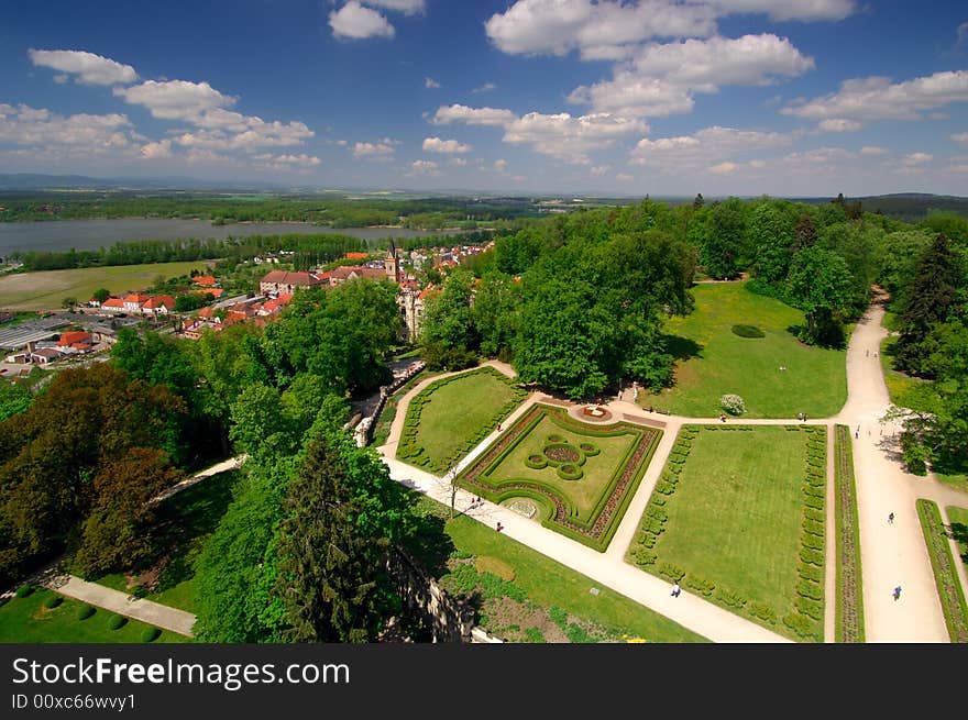 Gardens surrounding castle Hluboka located in south part of the Czech Republic viewed from castle tower. Gardens surrounding castle Hluboka located in south part of the Czech Republic viewed from castle tower