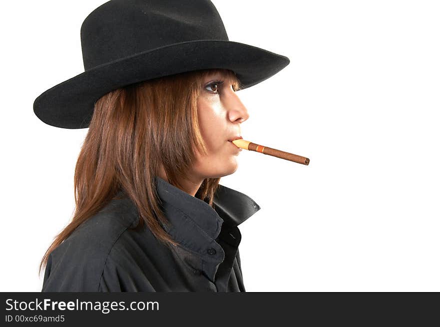 Girl in a black shirt and a cowboy s hat