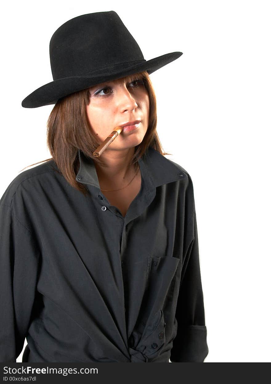 Girl in a black shirt and a cowboy s hat