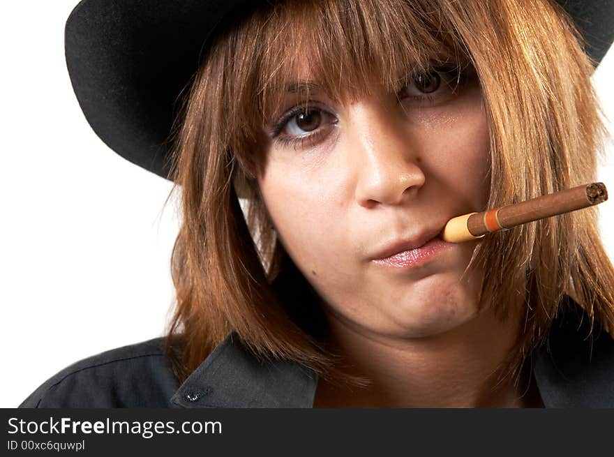 The girl in a black shirt and a cowboy's hat