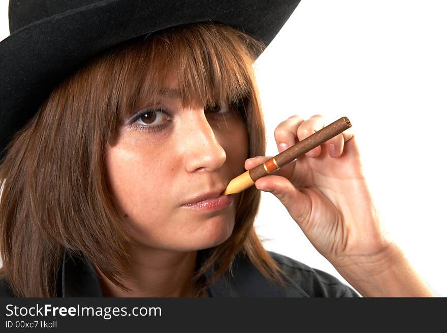 The girl in a black shirt and a cowboy's hat