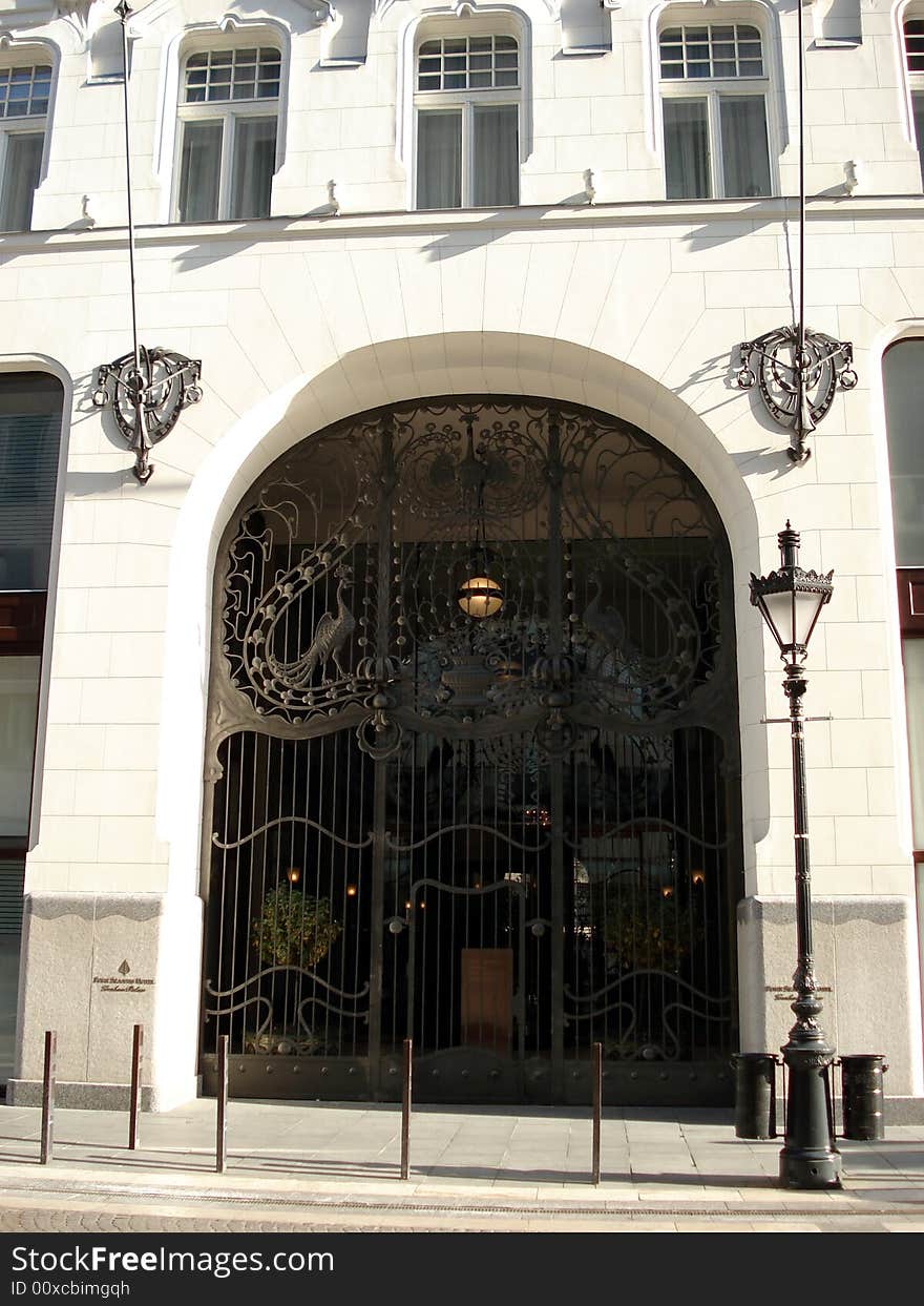 Beautiful secessionism style gate of Four Seasons hotel  in Budapest, a jewel of arts and crafts. Beautiful secessionism style gate of Four Seasons hotel  in Budapest, a jewel of arts and crafts