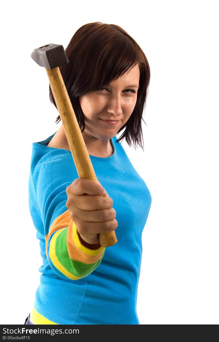 Woman holding a hammer on white. Woman holding a hammer on white