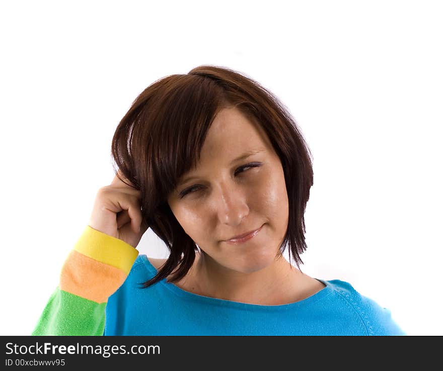 Thinking woman on white banner