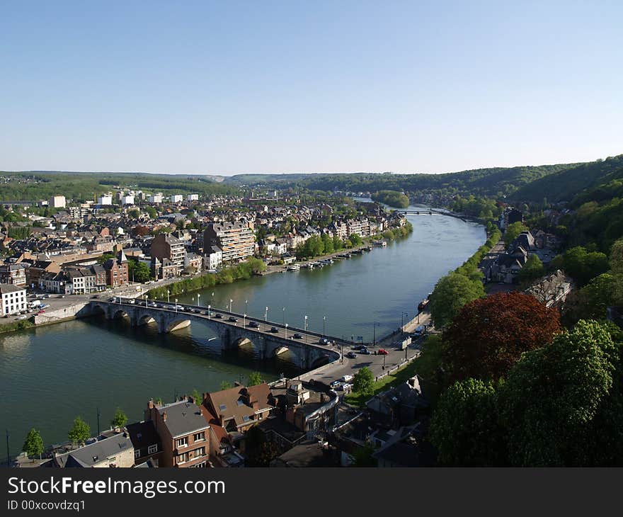 View of a small town with a river. View of a small town with a river.