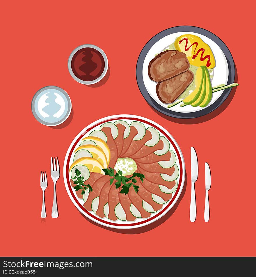 Two plates with supper on red background