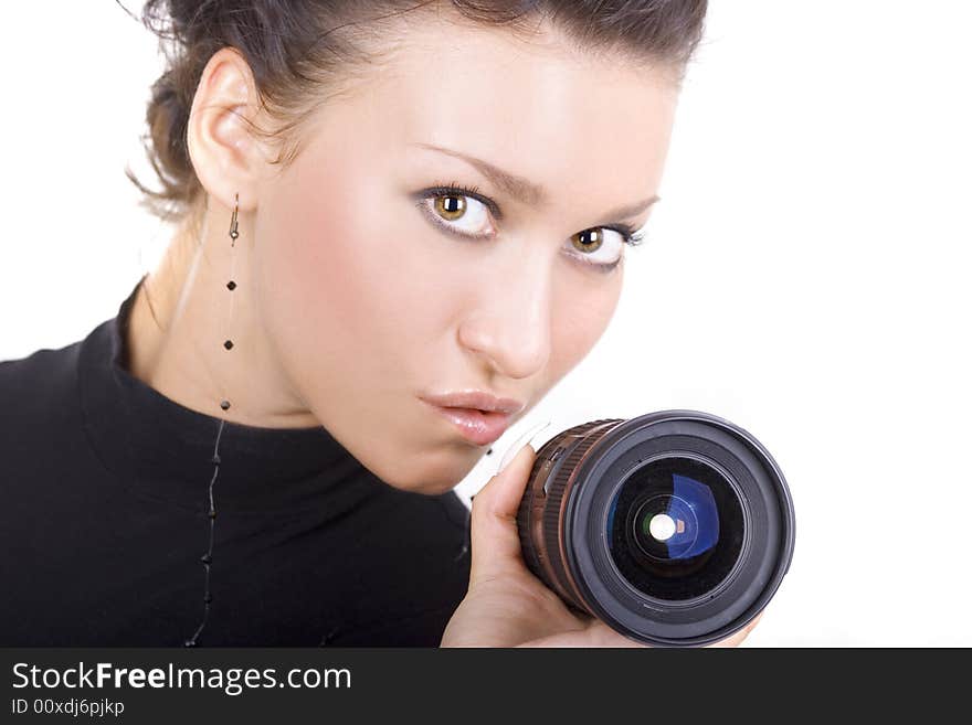 Cute brunette with lens on white background. Cute brunette with lens on white background