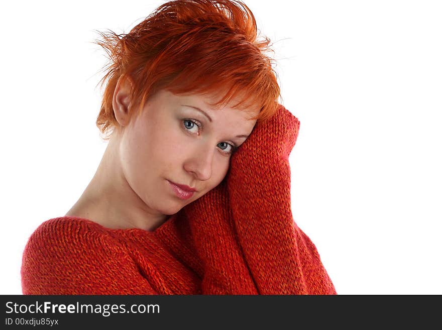 Sad red haired woman isolated on white background