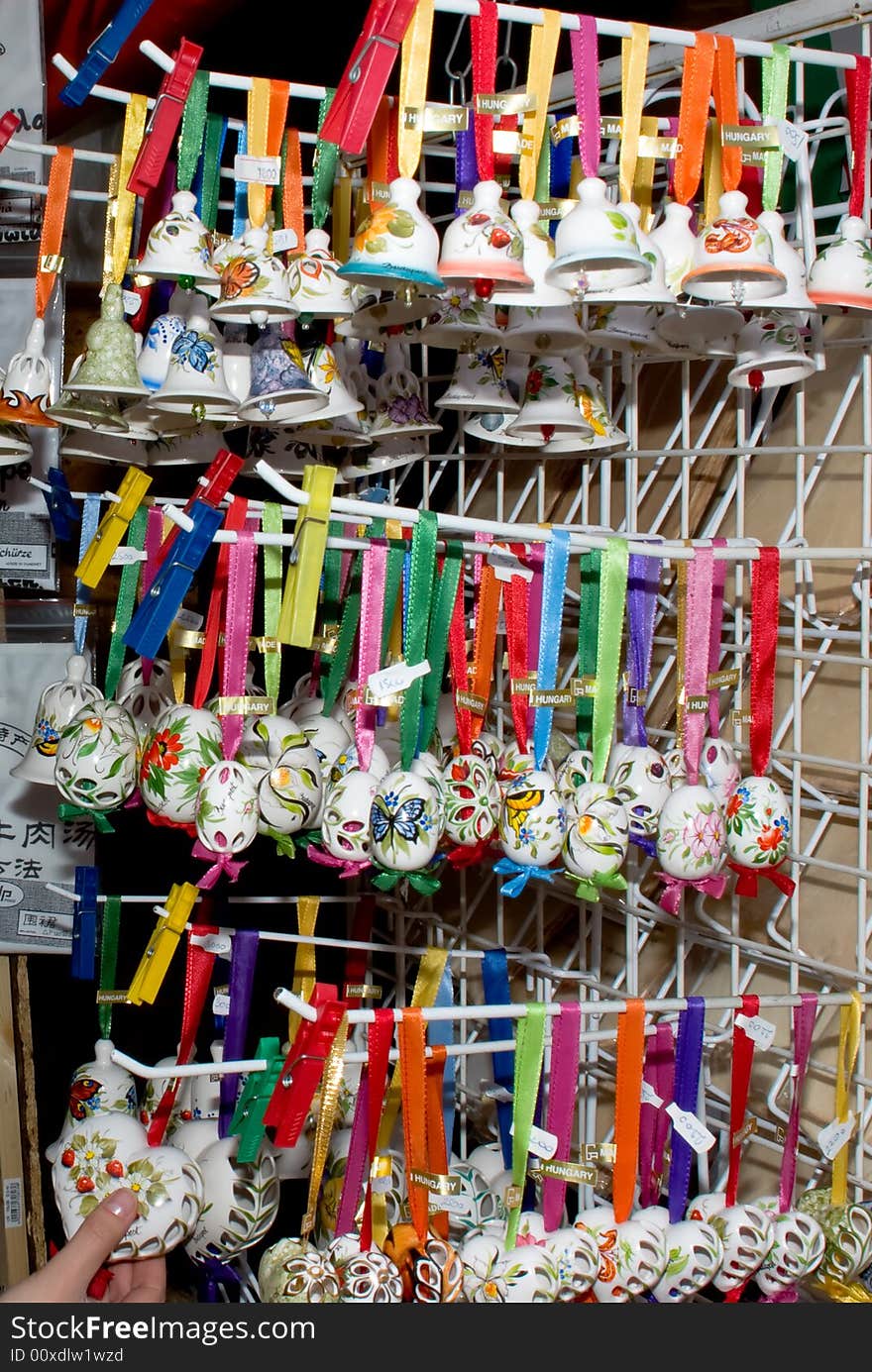 Traditional souvenirs of hungary- porcelain bells, egg, hearts. Traditional souvenirs of hungary- porcelain bells, egg, hearts