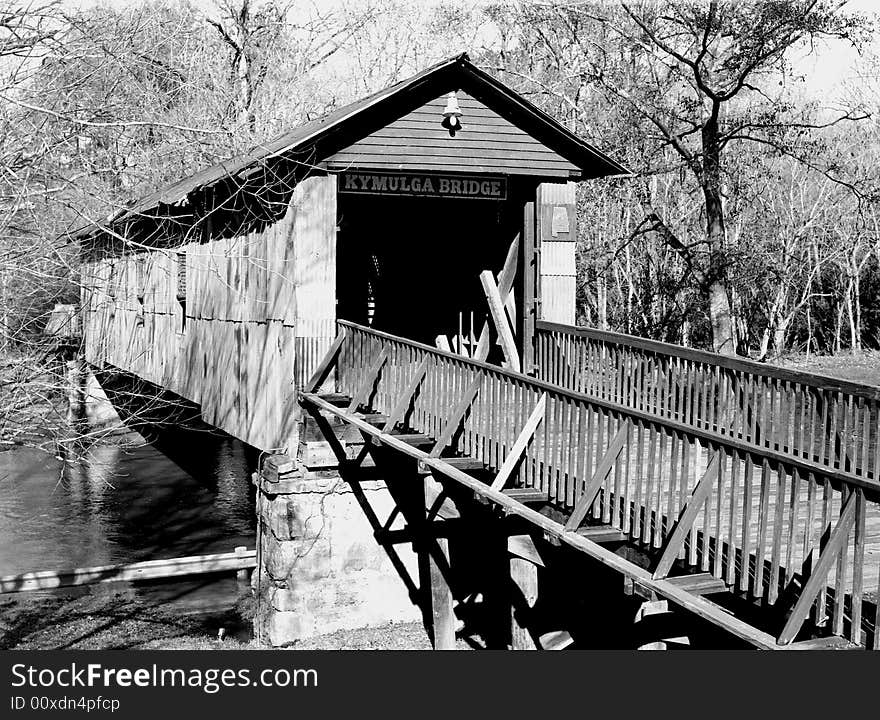 Covered Kymulga Bridge over river Alabama black and white B&W. Covered Kymulga Bridge over river Alabama black and white B&W