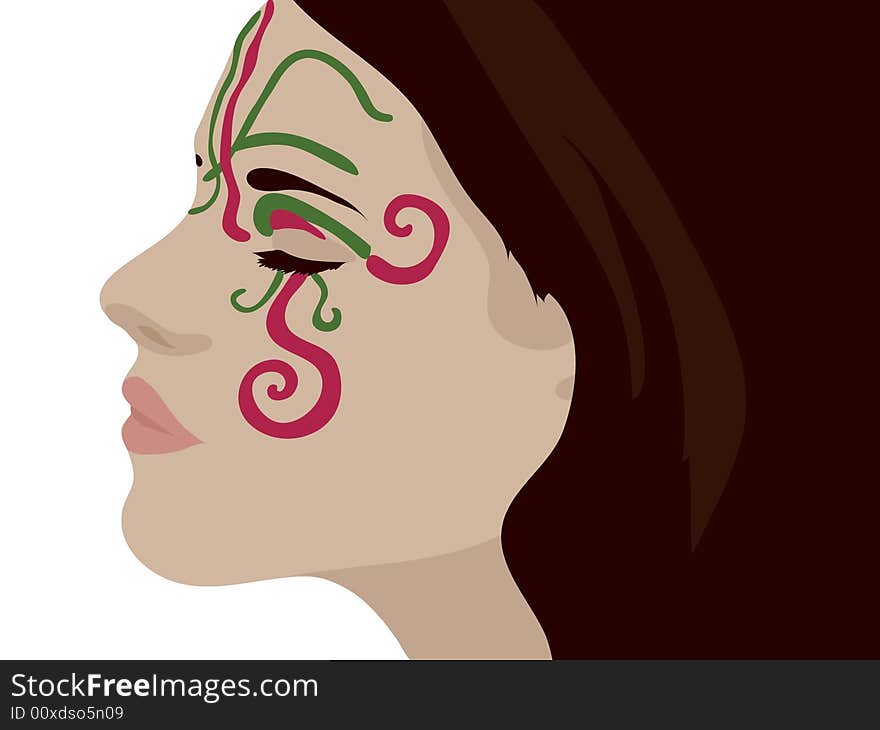 A girl with a face painted in green and crimson coloures. A girl with a face painted in green and crimson coloures