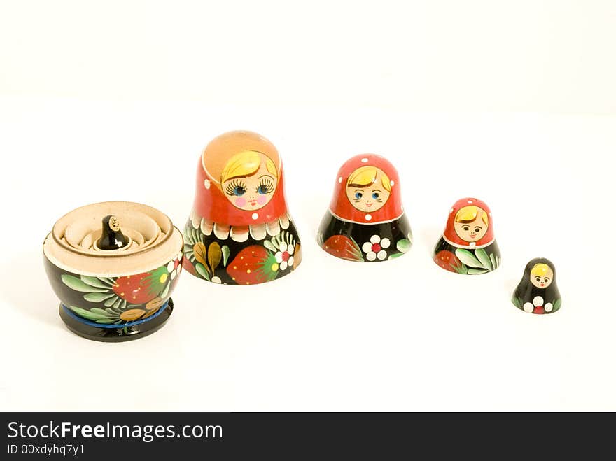 A nested matryoshka doll set apart showing the inner layers of the toy. A nested matryoshka doll set apart showing the inner layers of the toy