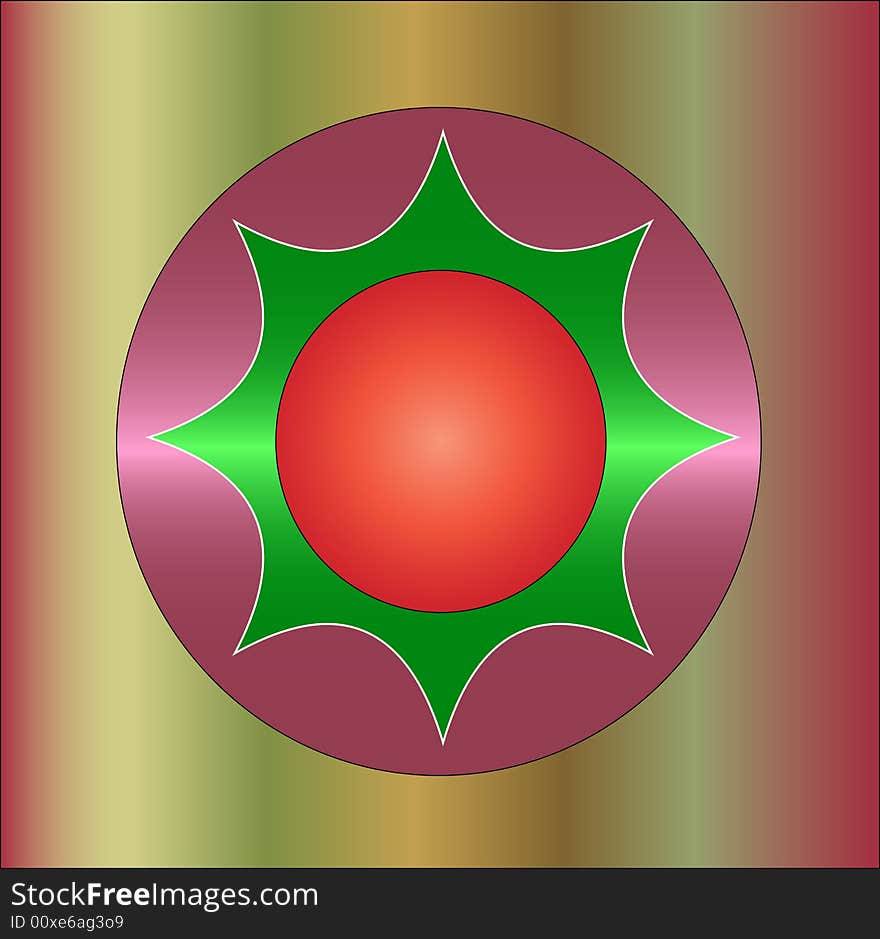 A button illustrated in shiny merun outside the shell and green inside the middle shell and red in the top most shell.