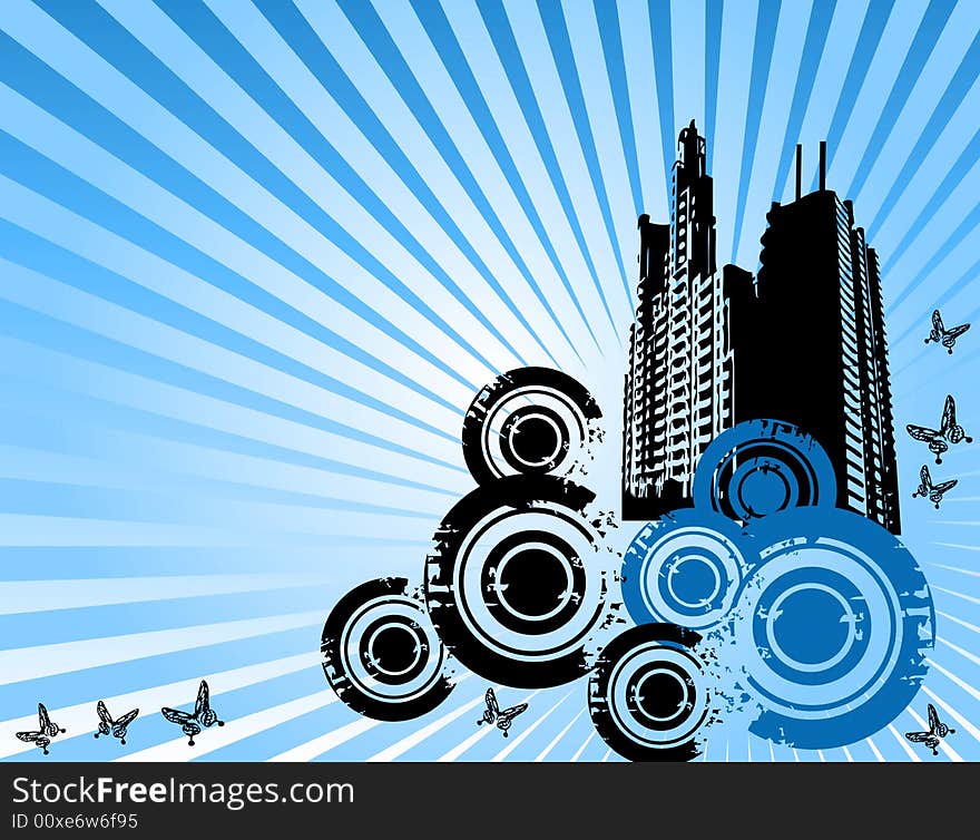 Abstract illustration with two tall buildings, grunge circles and butterfly shapes. Abstract illustration with two tall buildings, grunge circles and butterfly shapes