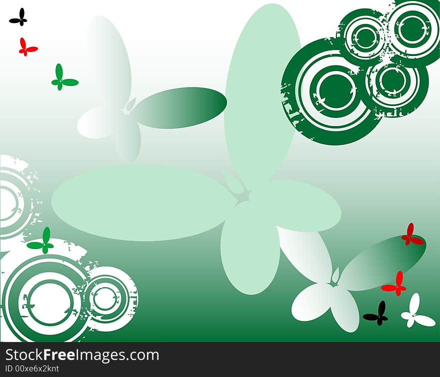 Abstract green background with colored butterfly shapes and grunge circles. Abstract green background with colored butterfly shapes and grunge circles