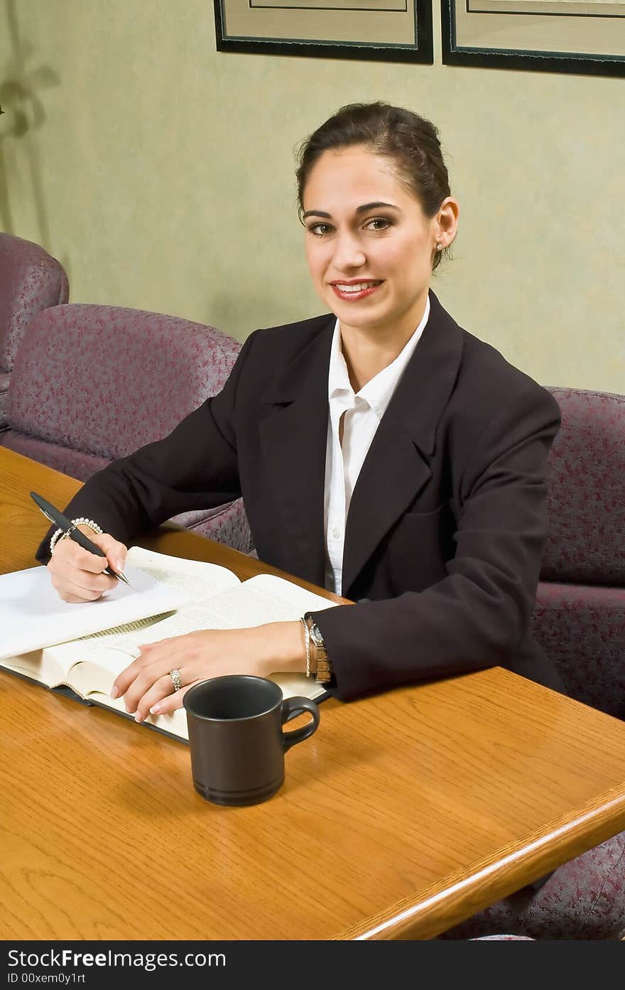 Young, seated businesswoman looking into camera.