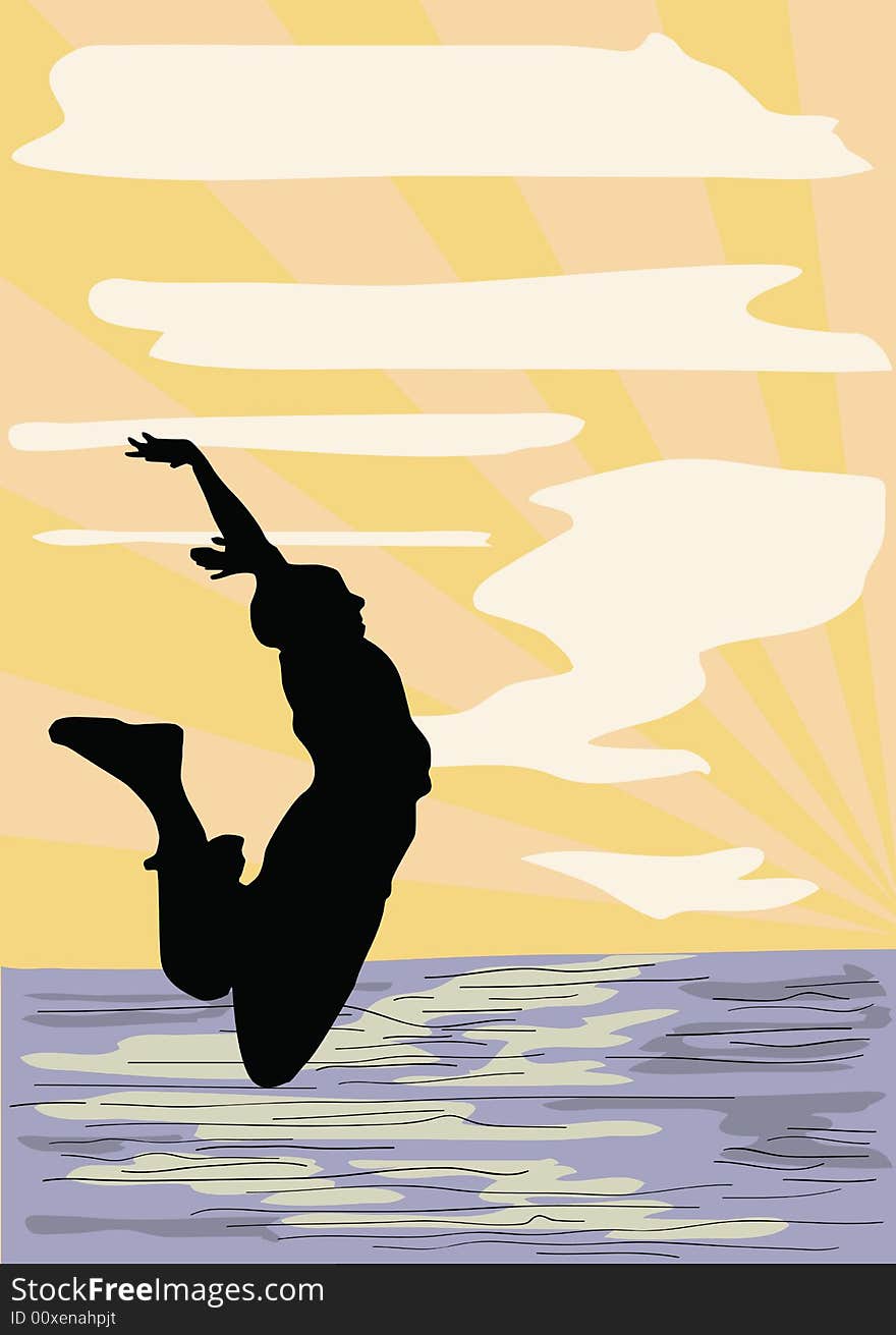 Illustration representing a man jumping, sunset on the ocean on the background. Illustration representing a man jumping, sunset on the ocean on the background